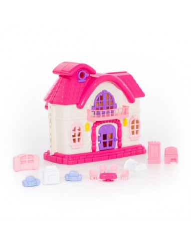 Plastikowy, biało-różowy domek dla lalek BAJKA w woreczku 12 elementów