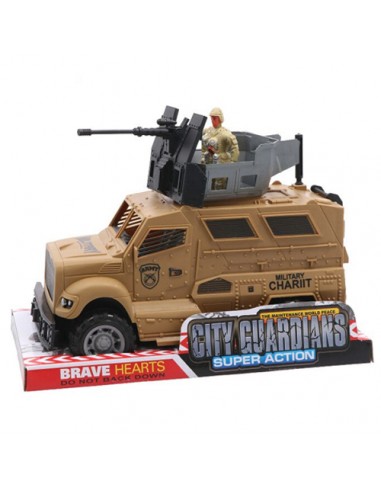 Pojazd wojskowy beżowy z armatą i figurką
