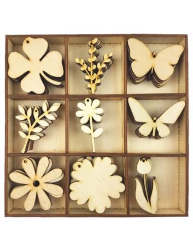 Dekoracja drewniana Kwiat, Motyl, Koniczyna 45szt