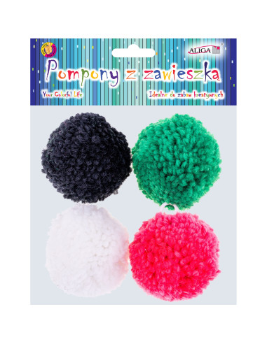 Pompony wełniane 6cm z zawieszką 4szt. mix podstawowy pompon zawieszka