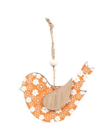Dekoracja drewniana zawieszka Ptak pomarańczowy w białe kwiatki ptaszek ozdobny