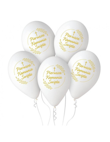 Balony tradycyjne lateksowe Premium Pierwsza Komunia Święta białe złote 5szt