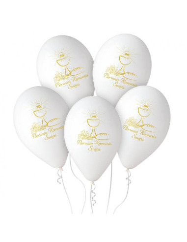 Balony tradycyjne lateksowe Premium Pierwsza Komunia Święta kielich białe złote 5szt