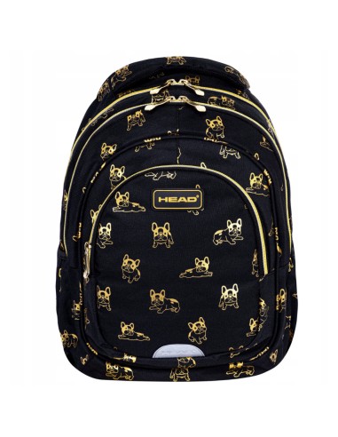Plecak szkolny młodzieżowy czarny złote buldogi Head Golden Frenchie